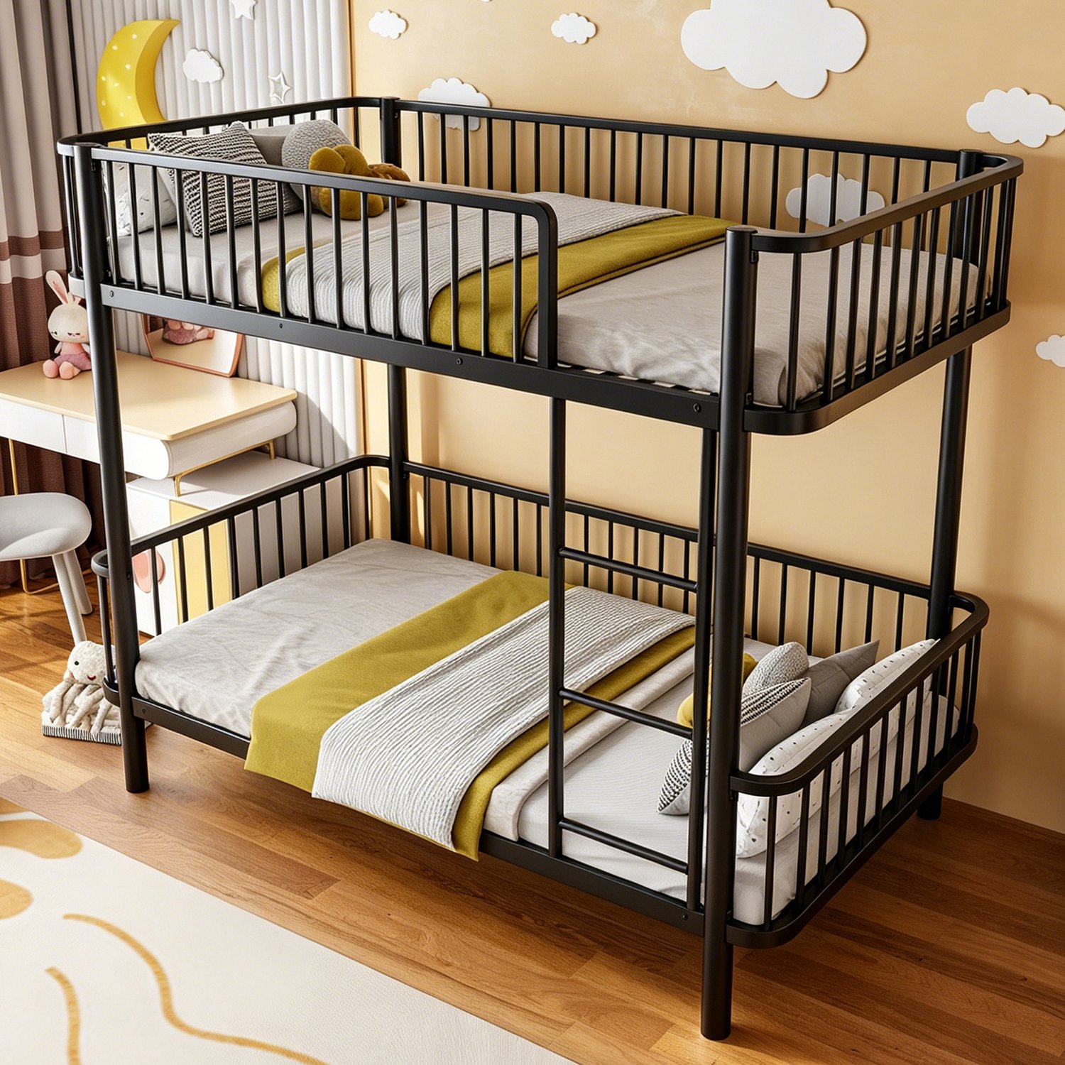 Clruro Stapelbed - 90×200 cm - Afgeronde Hoeken - met Uitvalbeveiliging - Metaal - Zwart