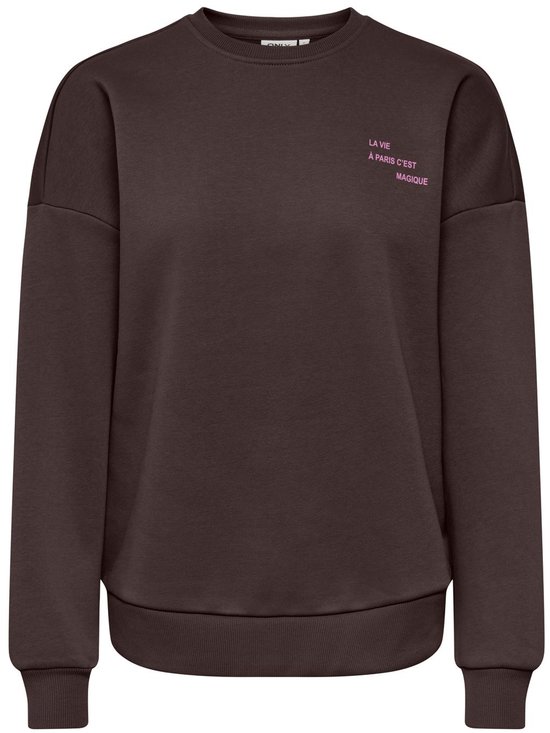 Donkerbruine sweater met ronde hals en roze tekst 'LA VIE À PARIS C'EST MAGIQUE' op de borst.