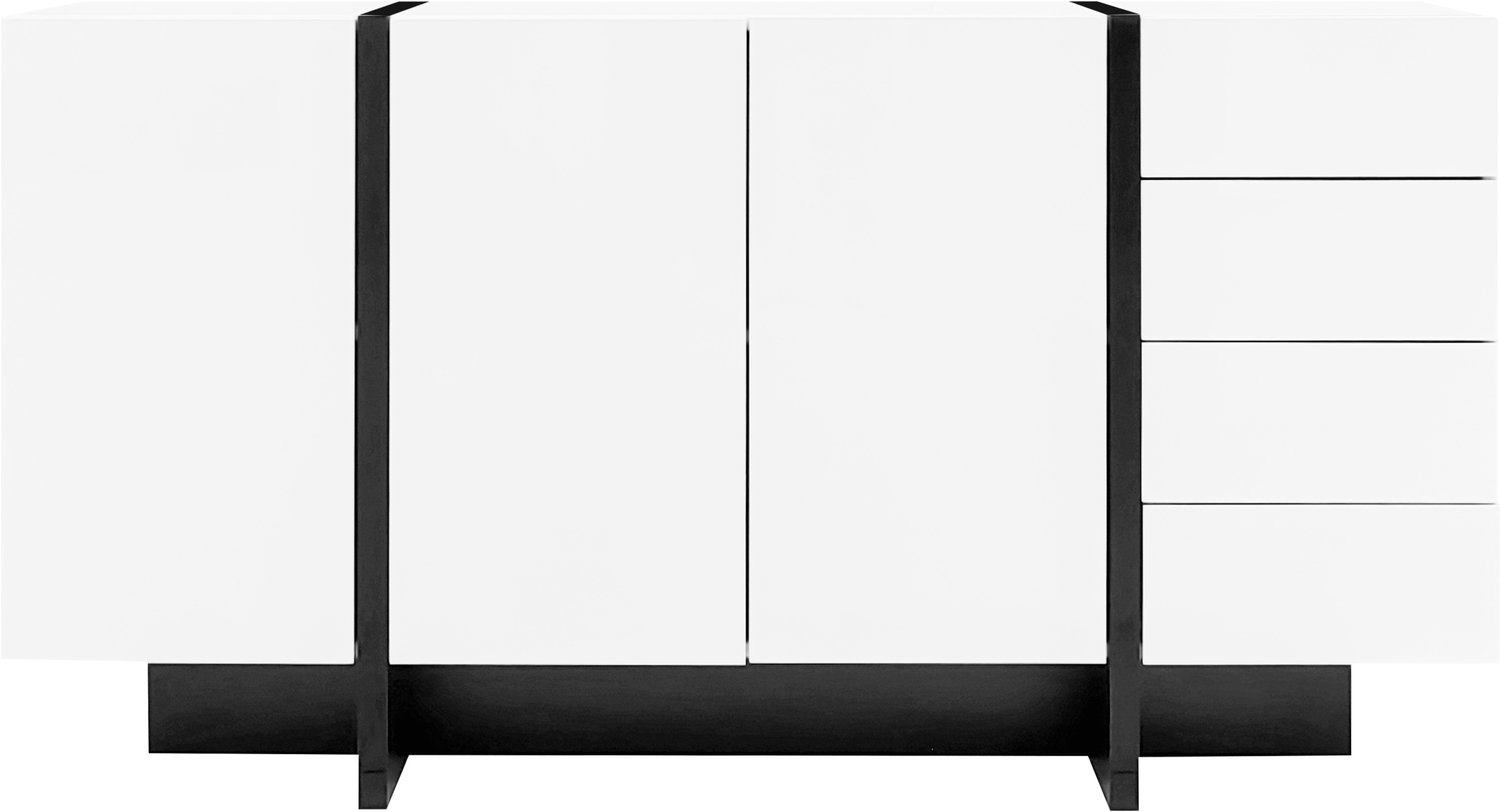 SONNENH Hoogglans dressoir met 2 deuren, 4 laden en zwart kruisonderstel - Wit - 150 x 40 x 80,5 cm