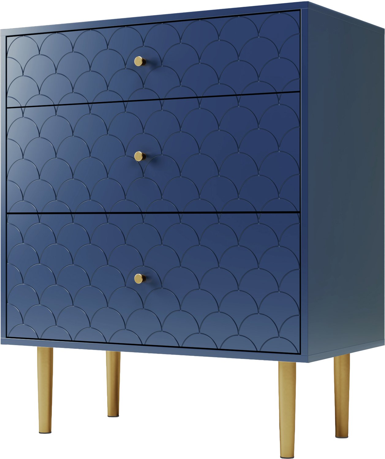 SONNENH Marineblauwe ladekast met 3 laden, schubbenreliëf en metalen voeten - 75 x 40 x 89 cm