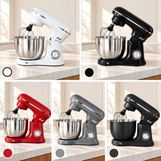 Vijf verschillende kleuren Vivid Green keukenmachines: wit, zwart, rood, grijs en antraciet.