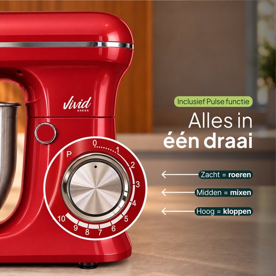Rode Vivid Green keukenmachine met instelbare snelheidsknop en uitleg van de pulse-functie.