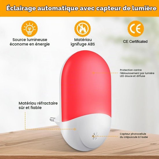2 stuks stekker nachtlampje met schemersensor, rood LED nachtlicht, energiebesparend, voor kinderkamer, slaapkamer, hal en trap [Energieklasse A+] — afbeelding 3