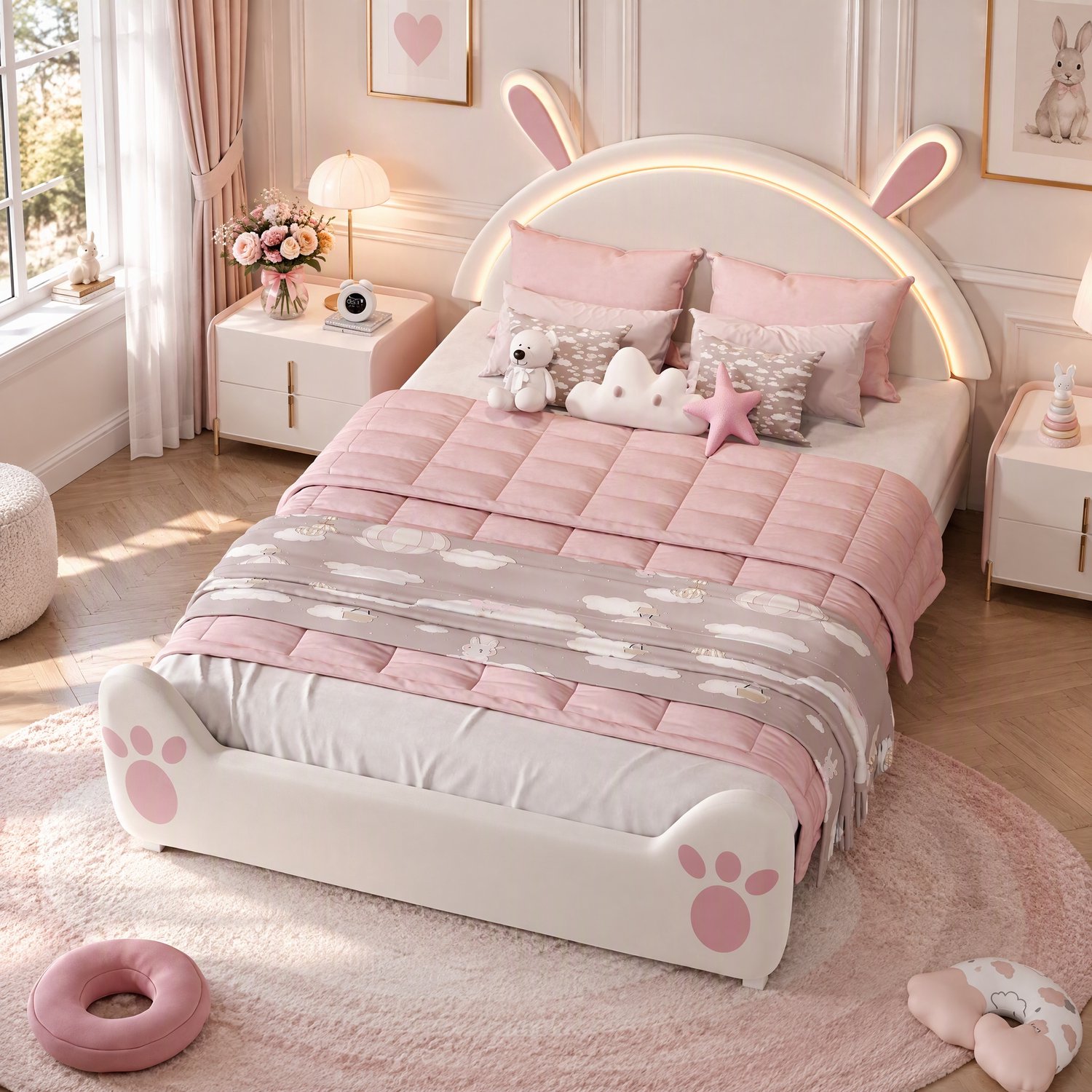 MEXUS Tweepersoonsbed 140x200 cm met lattenbodem, Kinderbed met ledverlichting, Bedframe met konijnenoren, Opbergruimte onder het bed voor meisjes, Wit & Roze