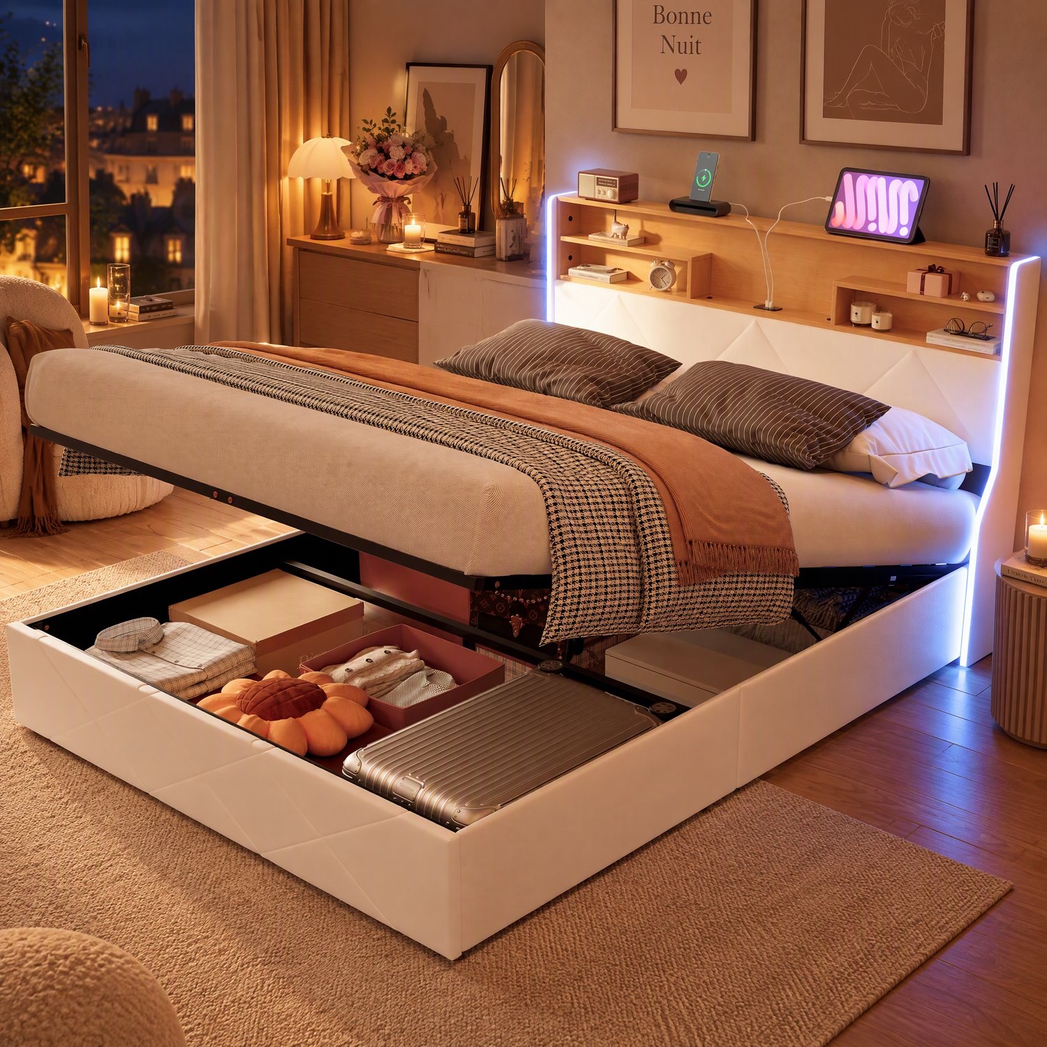 MEXUS Opbergbed 140x200 cm met ledverlichting en USB-poort, gestoffeerd Tweepersoonsbed met hoofdbord, bedframe 140x200 met opbergruimte en lattenbodem, PU-materiaal, Wit