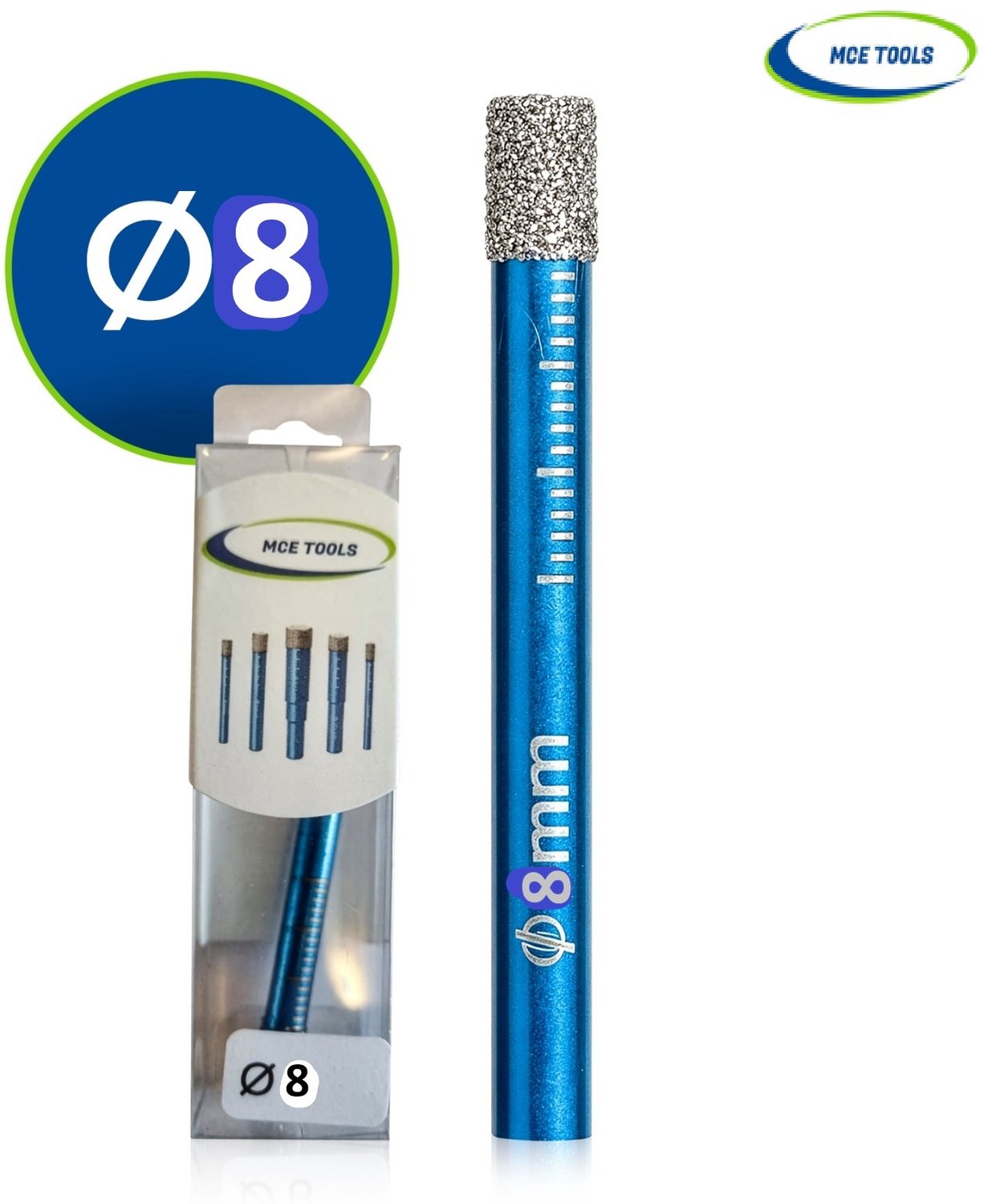 MCETOOLS Diamantboor Ø 8 mm – 65 mm Lang – Voor Tegels, Glas, Marmer & Graniet – Met Koelwas (Droog Boren)