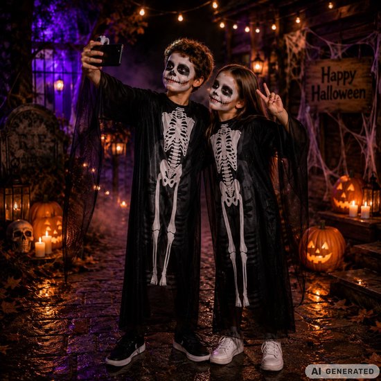 Twee kinderen in zwarte skeletkostuums met witte opdruk die een selfie maken in een versierde Halloween-tuin.