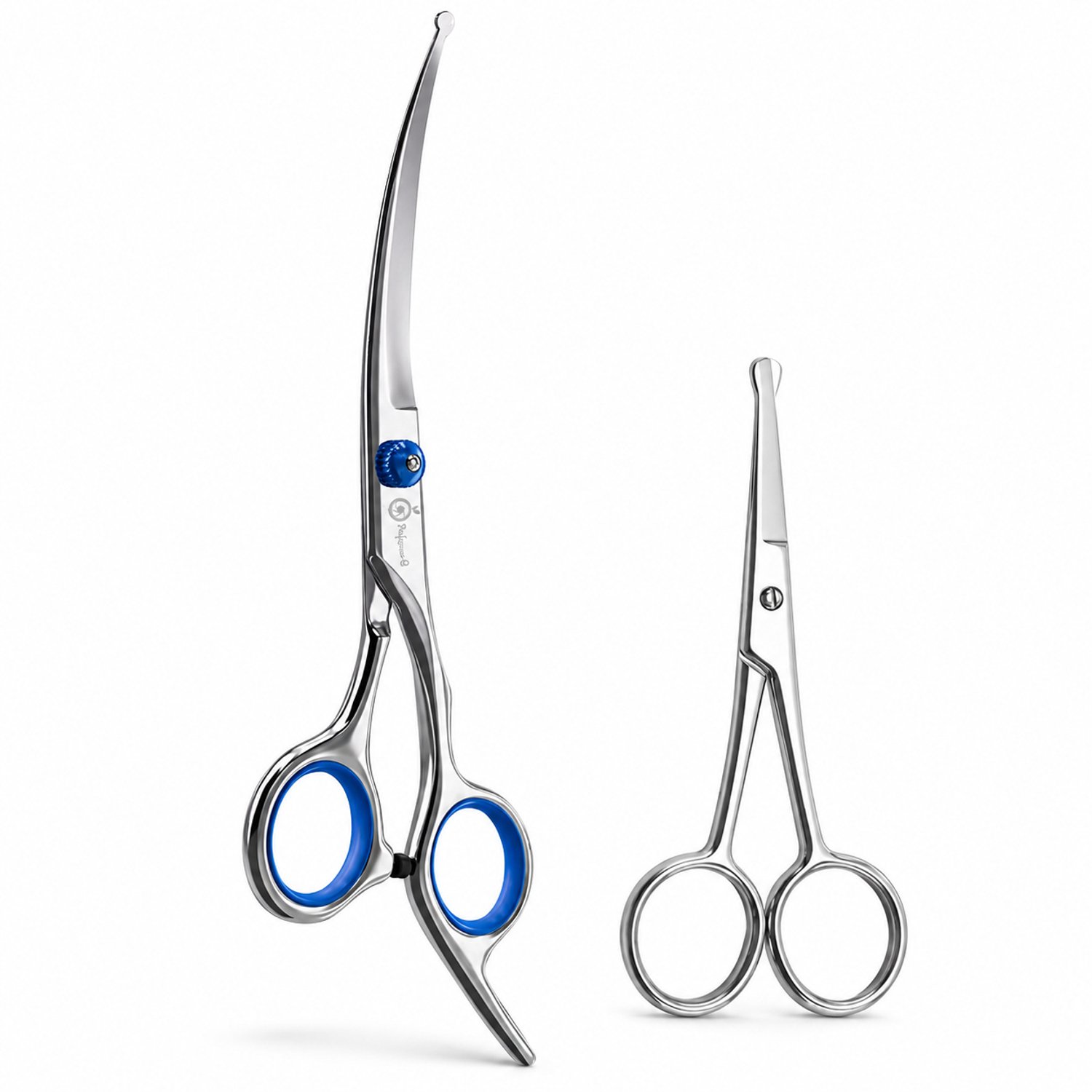 Professor Q Hondentrimset - Gebogen Trimschaar Rechts Blauw - Potenschaar Zilver - 2-delig