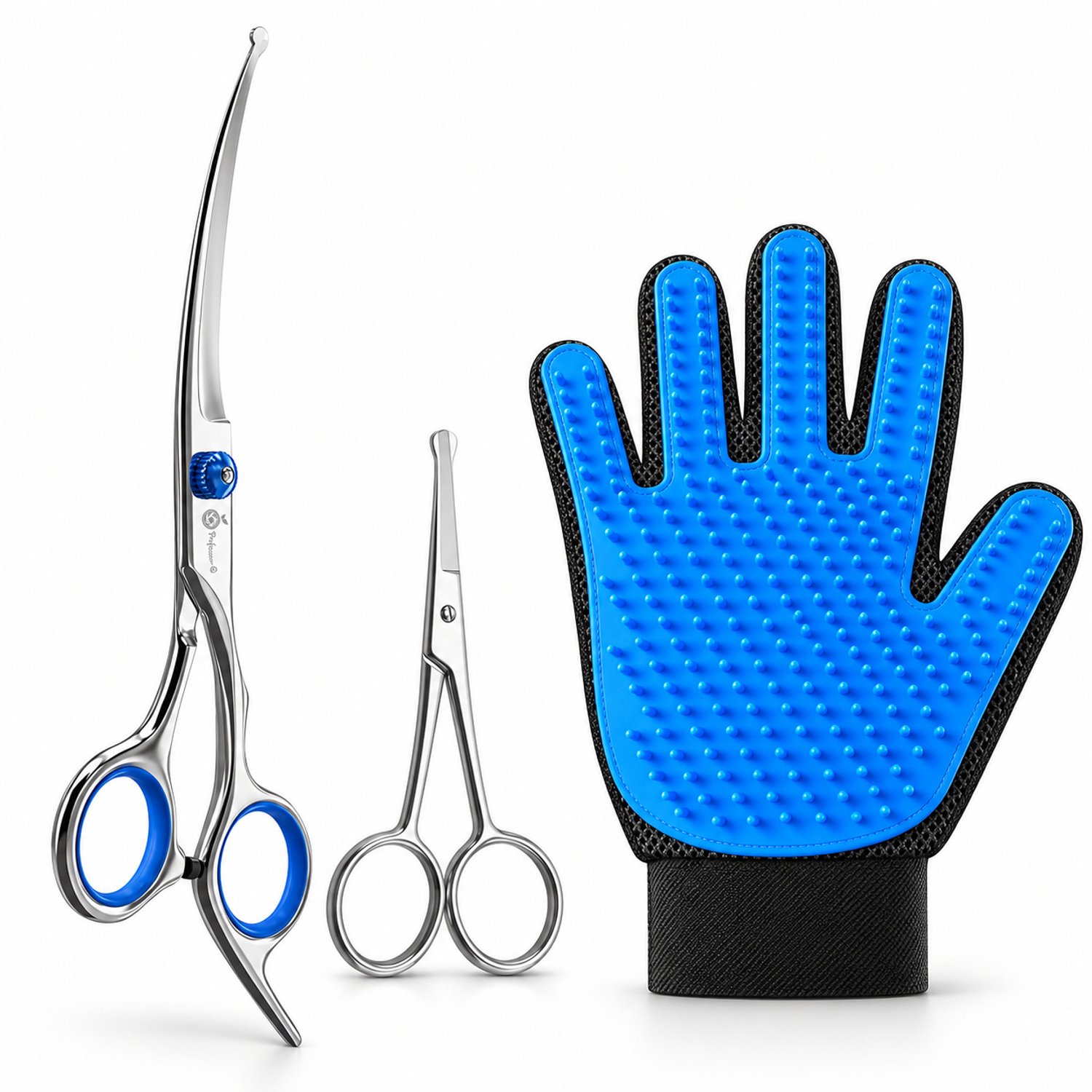 Professor Q Hondentrimset - Gebogen Trimschaar Rechts Blauw - Potenschaar Zilver en Vachthandschoen Blauw - 3-delig