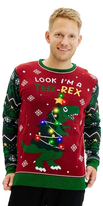 Happy Seasons Foute Kersttrui met Lichtjes - Dames & Heren - Lampjes - Christmas Sweater LED - Mannen & Vrouwen "Look, I'm a Tree-Rex" Maat L/XL