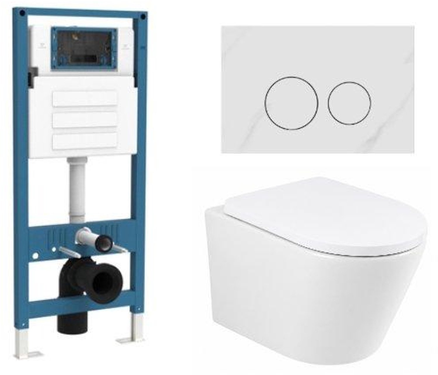 QeramiQ Dely Toiletset - inbouwreservoir Qeramiq Flush - 35mm zitting - natuursteen wit marmeren bedieningsplaat - ronde knoppen - glans wit