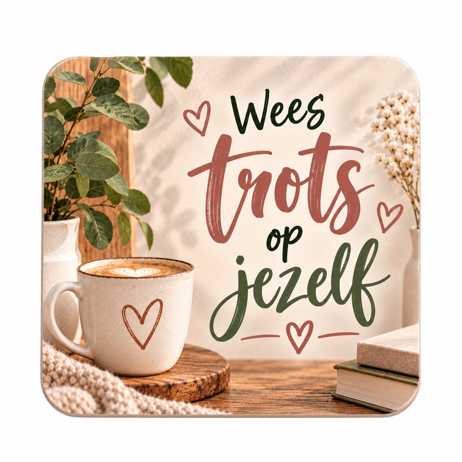 Wees trots op jezelf MDF onderzetter 10x10cm – Motiverende tekst – Bloemen- en mokkenprint