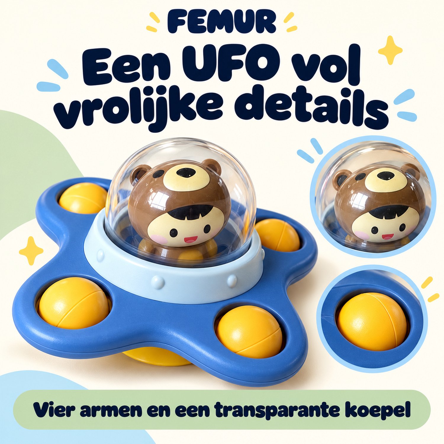 Femur® - Spinner - Fidget - Badspeelgoed - Spinners - Baby Spinner - 3 stuks - UFO - Speelgoed - Poppetjes - Fun - Rage - Zuignap - Sensorisch Speelgoed - Kinderen - Kerst — afbeelding 4