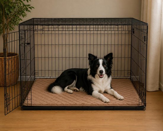 Border Collie ligt comfortabel op het beige kussen in een zwarte bench.