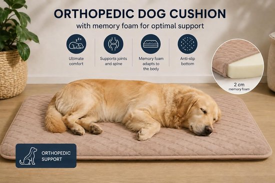 Orthopedisch hondenkussen met traagschuim, getoond met een slapende Golden Retriever en productkenmerken.
