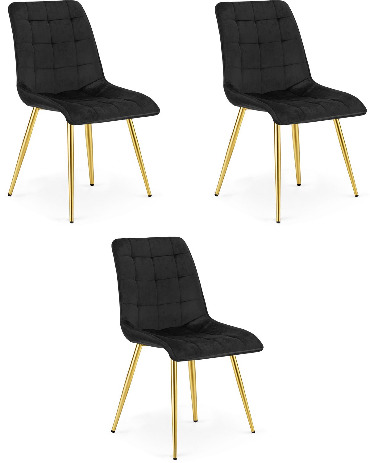 Oskar Set van 3 Eetkamerstoelen SPLIT – Zwart Velvet / Fluweel – Gestoffeerde Zitting – Goudkleurige Metalen Poten – Modern Design – Voor Eetkamer en Keuken