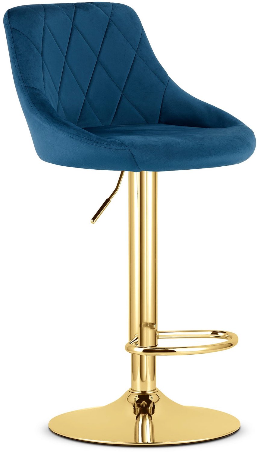 LEOBERT Barkruk AREX – Marineblauw Velvet – Goudkleurig Metaal – In Hoogte Verstelbaar – 360° Draaibaar – Met Rugleuning – Met Voetsteun – Modern Design – Voor Keukeneiland, Bar en Keuken – Max. 110 kg
