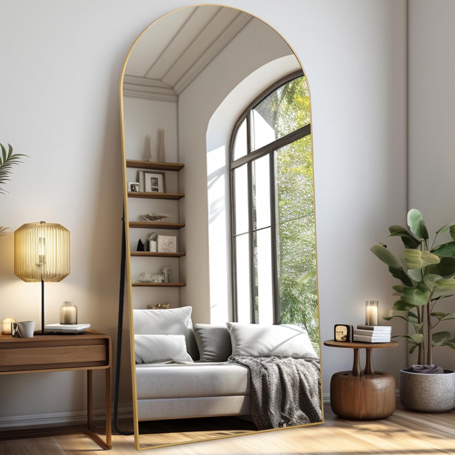 Large Full-Length Standing Mirror, Freestanding Floor Mirror for Bedroom, Living Room and Entrance, Ideal for Any Room, Arch, Gold Border, 192 x 85 cm