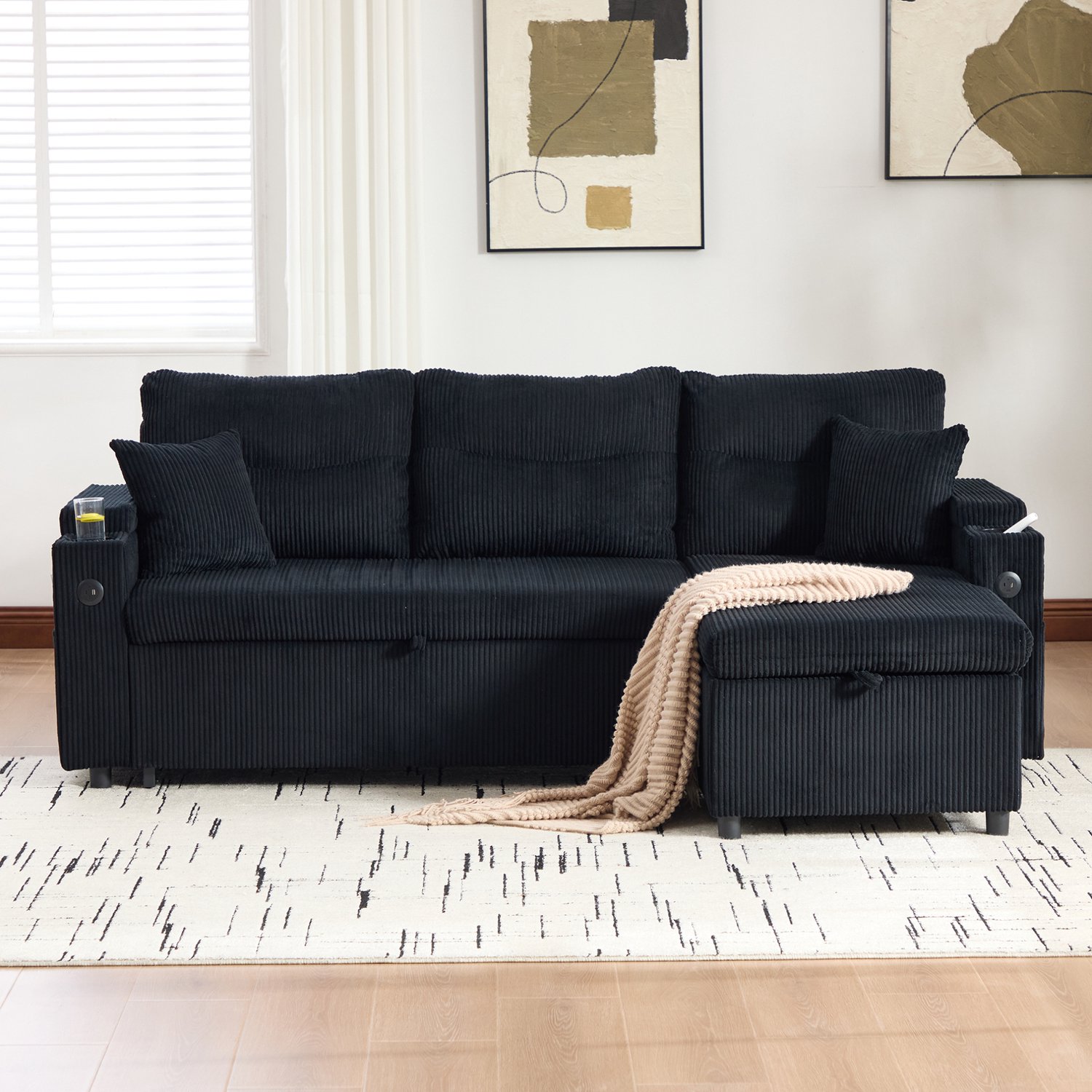 DESMIU Slaapbank 212,5 x 136 cm - 3-Zits Hoekbank Met USB-C, Opbergruimte En Uitschuifbed - Woonkamer - Ribfluweel Zwart