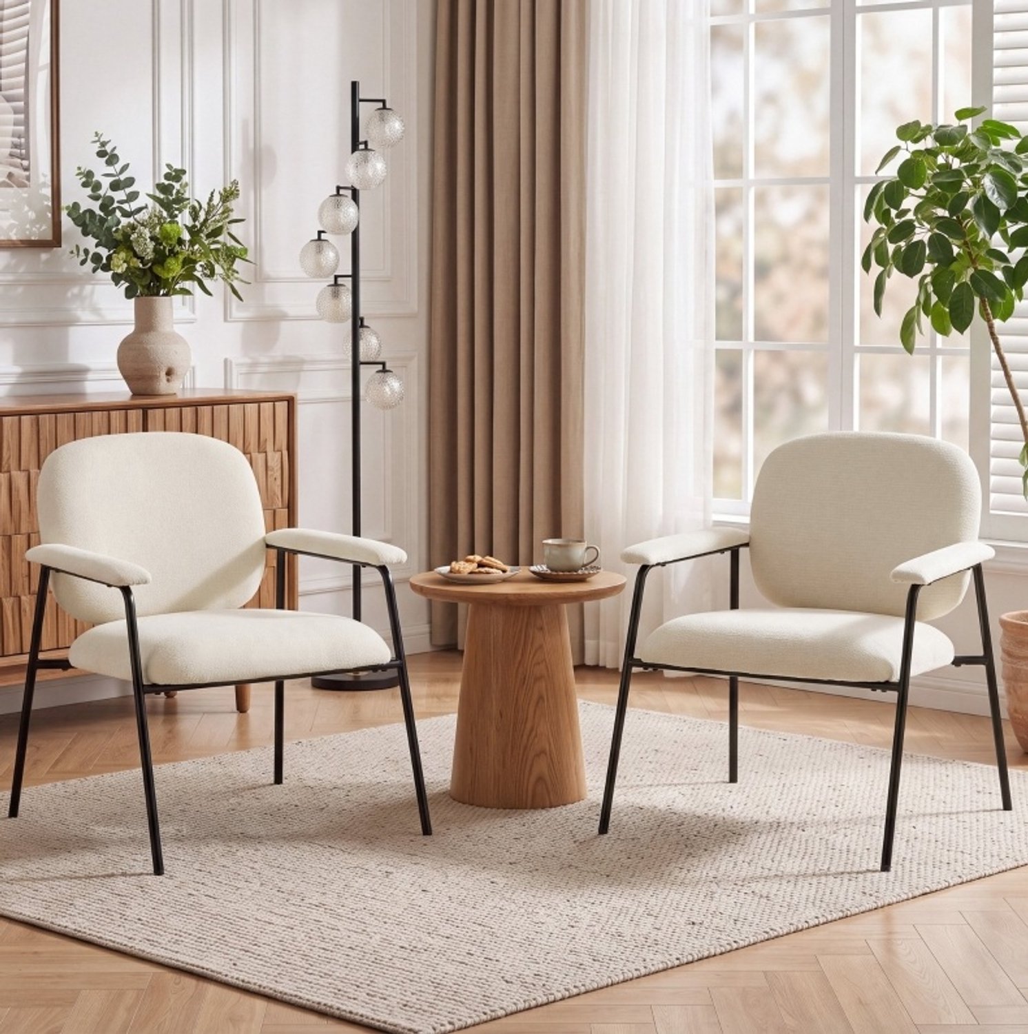 DESMIU Fauteuil 67 x 64 x 76,5 cm - Set Van 2 Met Gewatteerde Armleuningen - Woonkamer Slaapkamer Kantoor - Chenille Crèmekleurig