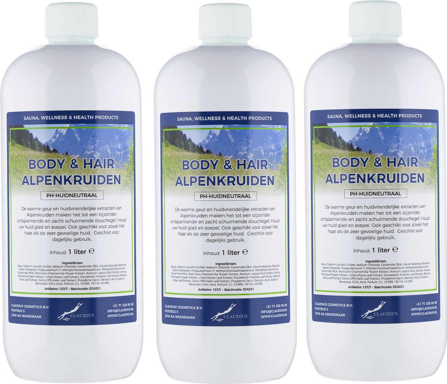 Claudius Body & Hair Alpenkruiden - 1 liter - set van 3 stuks - showergel - navulling - voordeelverpakking