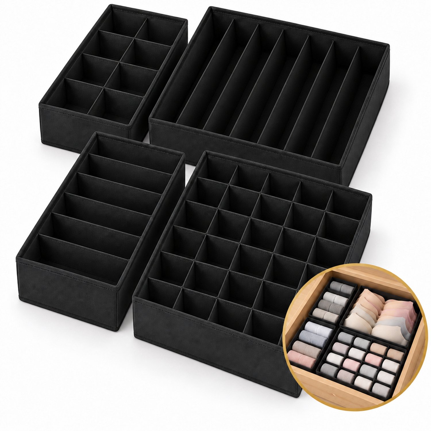 DIVERZA Lade Organizer Ondergoed – 4-Delige Set – 45 Vakken – Ladeverdeler Opvouwbare Opbergbakken voor Sokken en BH’s – Zwart