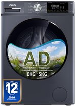 Lave-linge séchant gris CHiQ avec écran numérique, capacité de lavage 8 kg, séchage 5 kg et 12 ans de garantie moteur.