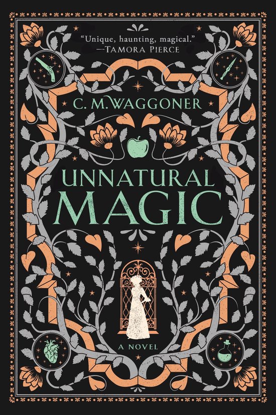 Boekomslag van Unnatural Magic door C.M. Waggoner met illustraties van een vrouw, appel, hart en ornamenten op zwart.