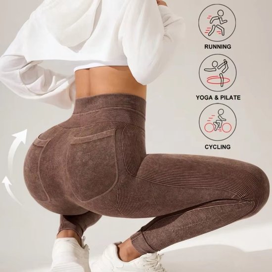 Dames Sportlegging met Hoge Taille en Zakken – Yoga Legging met Buikcontrole, Sneldrogend voor Fitness, Hardlopen & Outdoor - Bruin - Maat L — afbeelding 2
