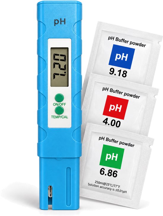 Blauwe digitale pH-meter met LCD-scherm en drie zakjes bufferpoeder in blauw, rood en groen.