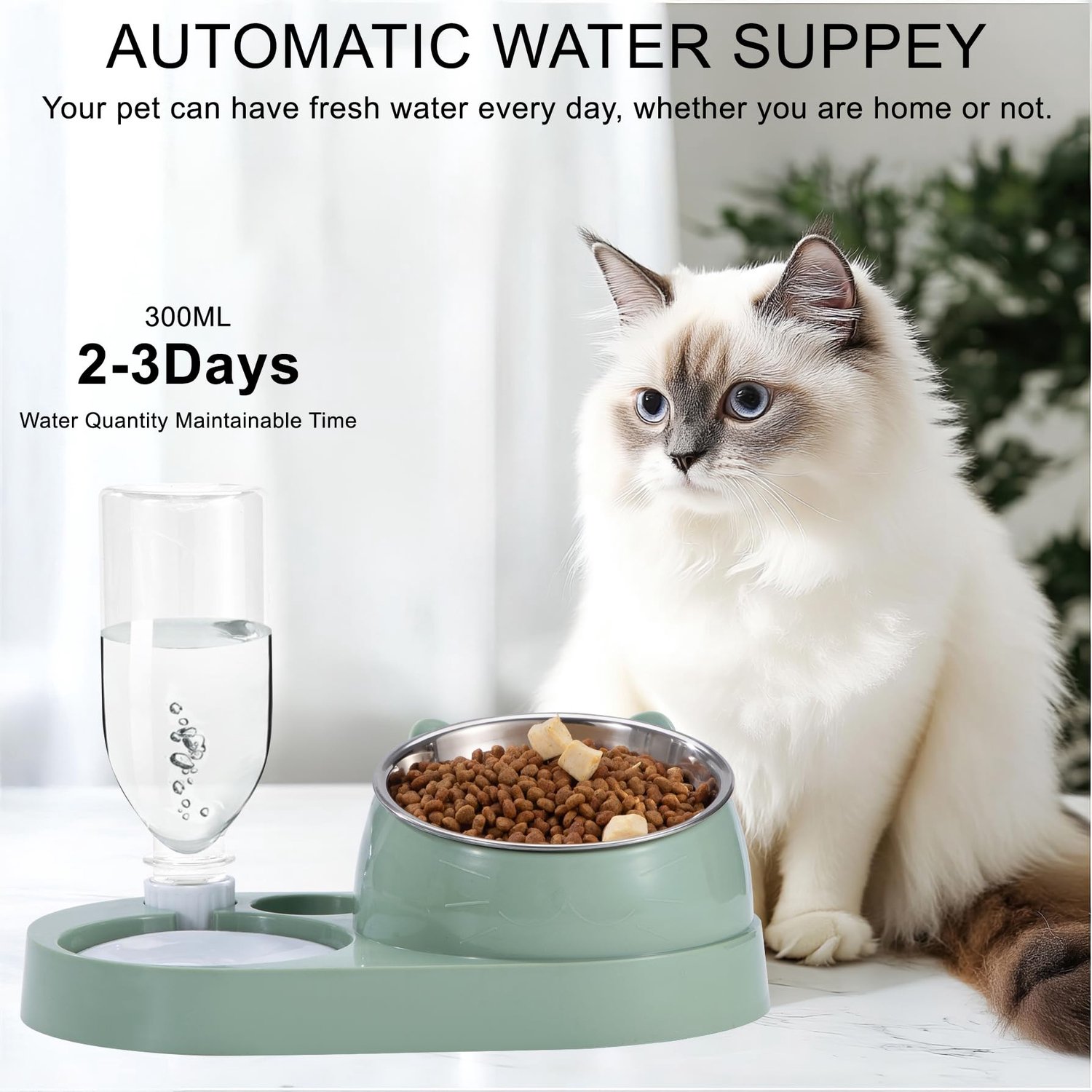 Voederstation voor katten - 2-in-1 verhoogde kom van roestvrij staal - met automatische waterfles - voorkomt braken - m-winkel