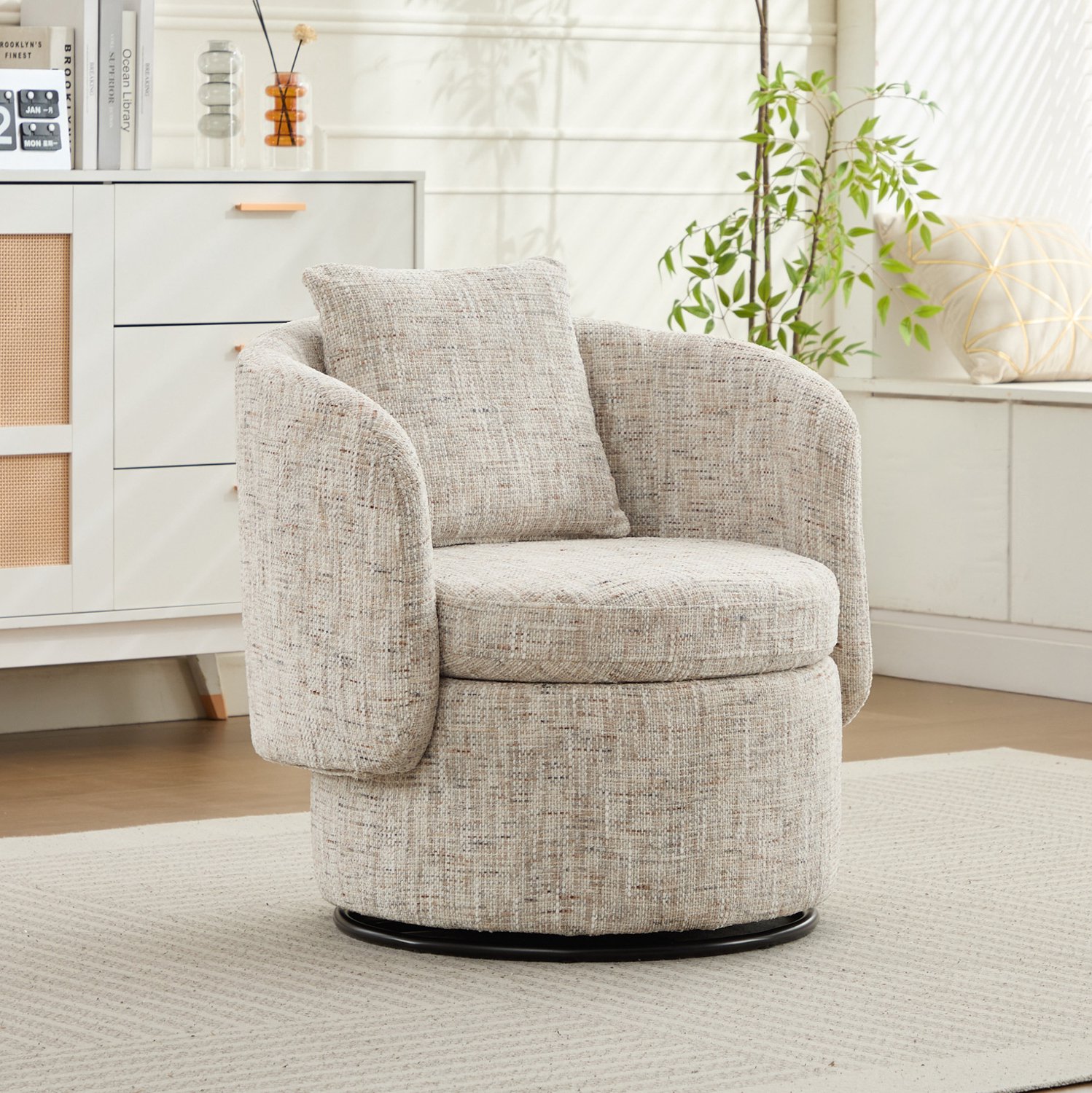 DESMIU Fauteuil 72 x 66,5 x 76 cm - 360 Graden Draaibaar Met Verborgen Opbergruimte - Voor Woonkamer En Leeshoek - Chenille Ivoor