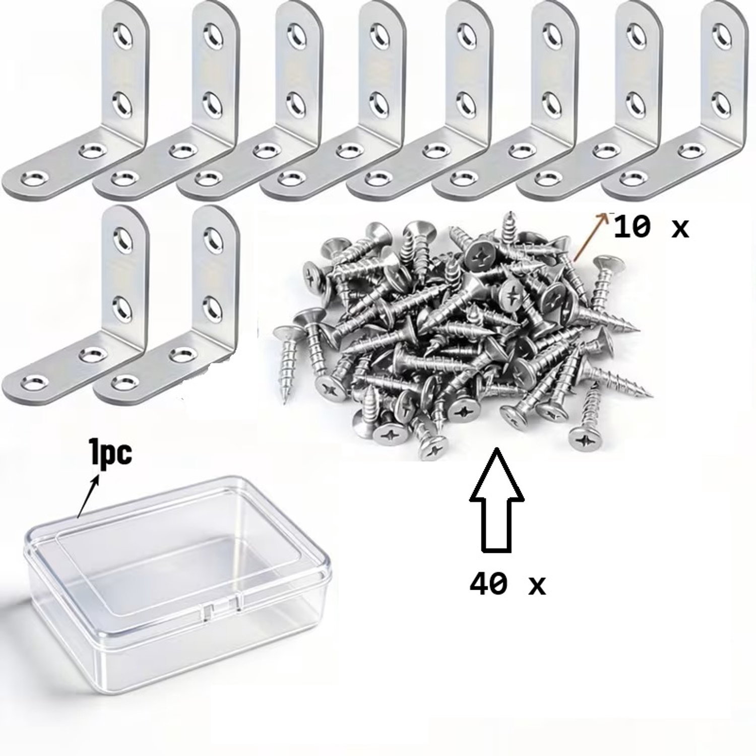 Han-Bar® Hoekbeugels RVS 40 × 40 mm – L-vorm – 10 stuks + 40 schroeven – Zilverkleurig