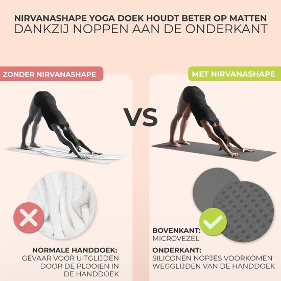 NIRVANASHAPE - Yogahanddoek als yogamat handdoek - antislip noppen - absorberende microvezel - hygiënisch en wasbaar op 40 graden - 185 x 63 cm - grijs/oranje — afbeelding 2