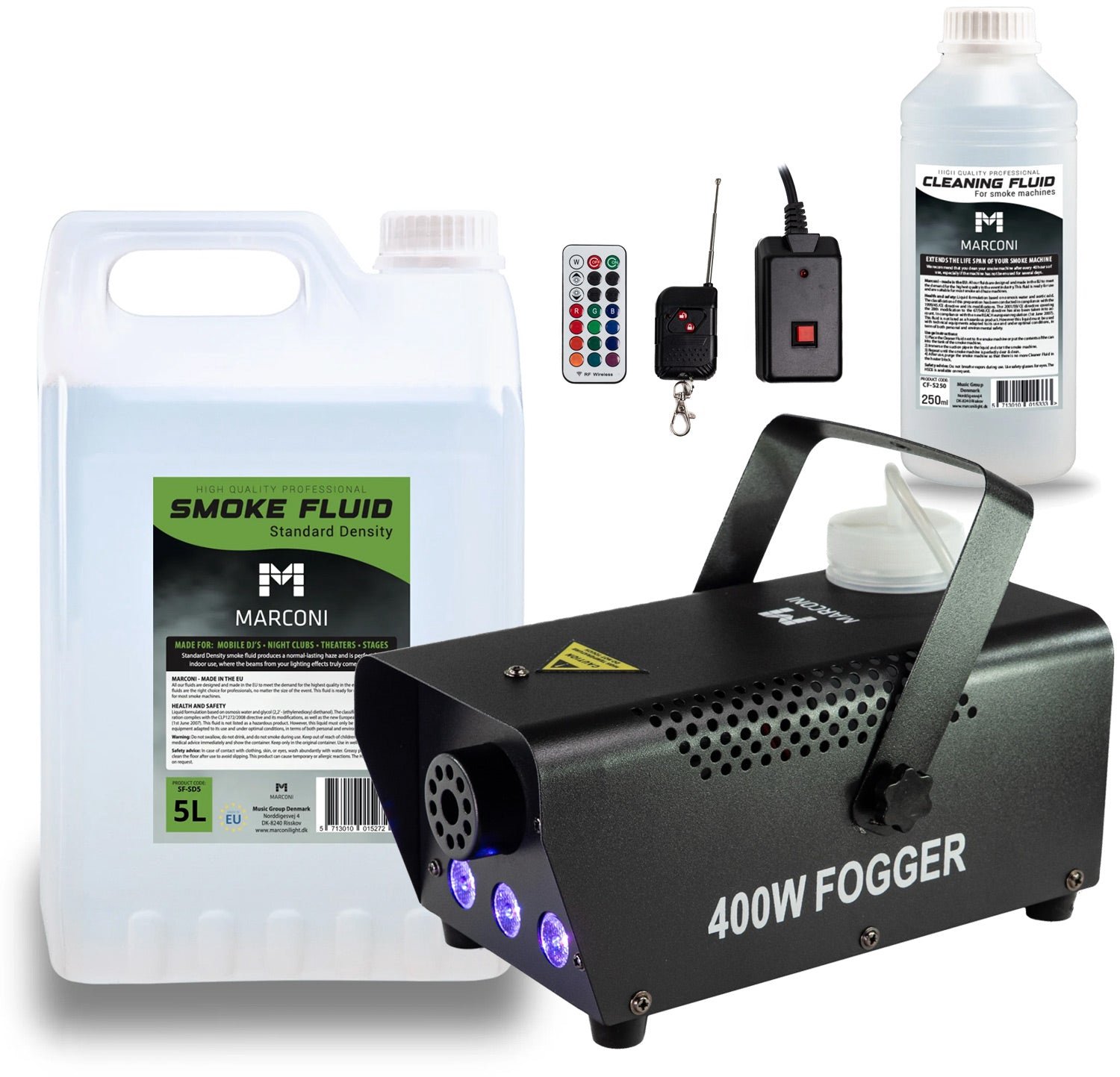 Marconi F400RGB Rookmachine Bundle - 400 Watt - Met LED Lichteffect - Inclusief 5 Liter Rookvloeistof En 250 Ml Reinigingsvloeistof