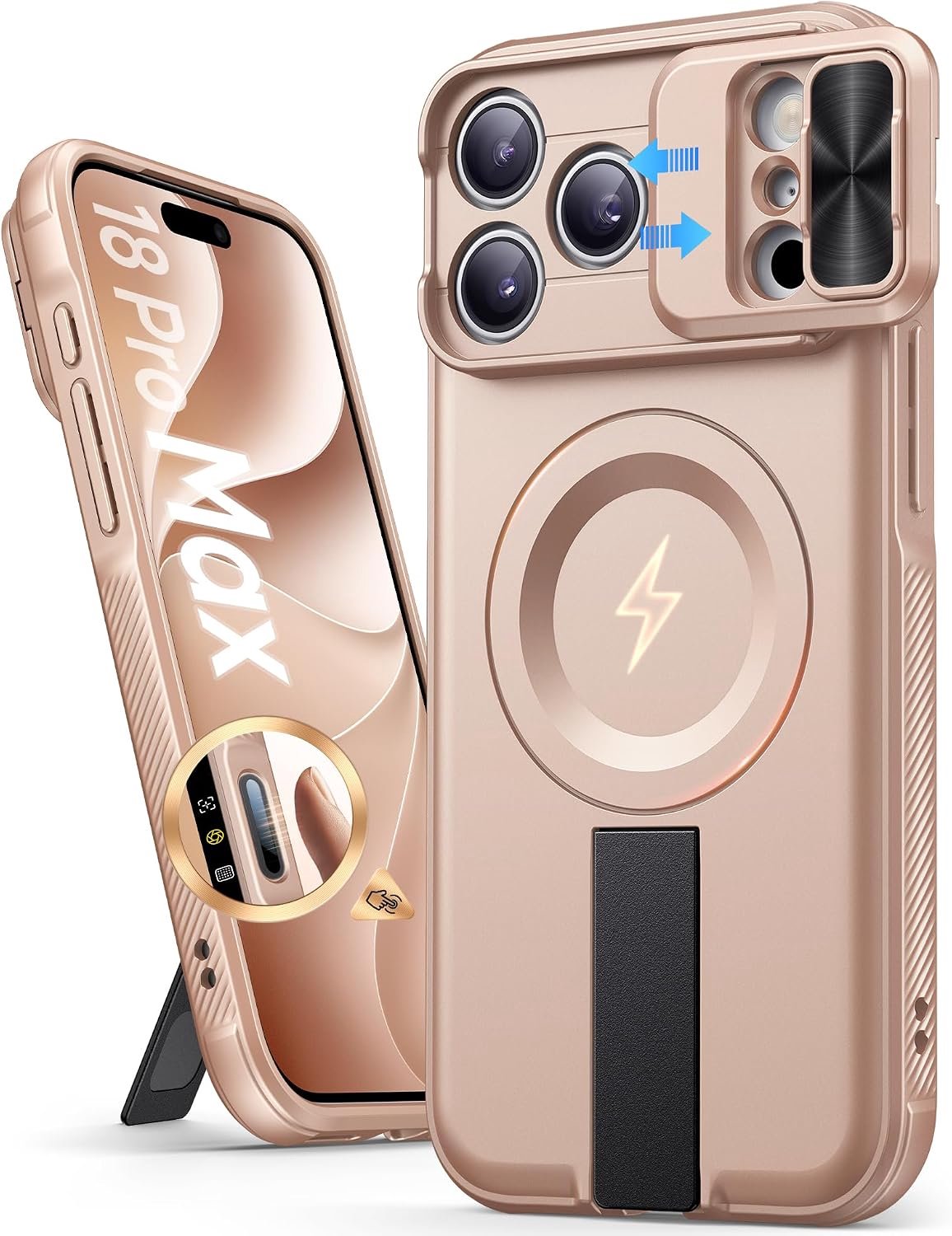 Zandarix Hoesje Geschikt voor Apple iPhone 18 Pro Max - Ingebouwde Standaard - Dubbele Schuifbare Camerabescherming - Camerabedieningsknop - Draadloos Opladen - Back Cover Hoesje - Rosegold