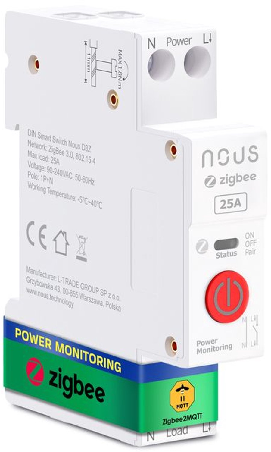 Slimme DIN-railschakelaar D3Z, 25A, energiemeting, TUYA Zigbee, MQTT
