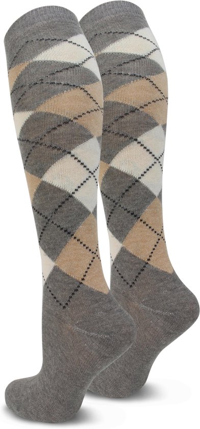 Kniekousen met ruitjespatroon in bruin, grijs en beige.