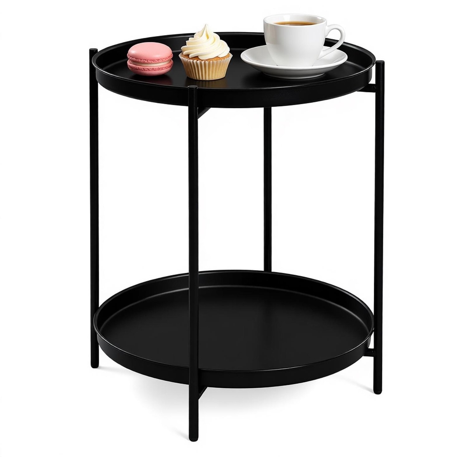 SONNENH Ronde metalen bijzettafel - 2 afneembare dienbladen - 44 x 44 x 53 cm - Zwart