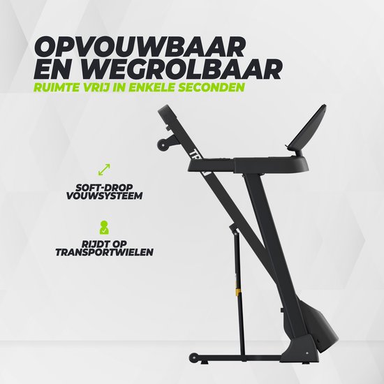 Zwarte loopband VirtuFit TR100i in opgeklapte stand met soft-drop vouwsysteem en transportwielen.