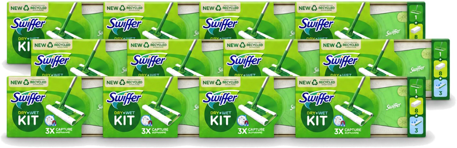 12 x Swiffer – Vloerreiniger – Starterkit – 1 dweil + 8 droge & 3 vochtige doekjes - Voordeelverpakking - 12 stuks