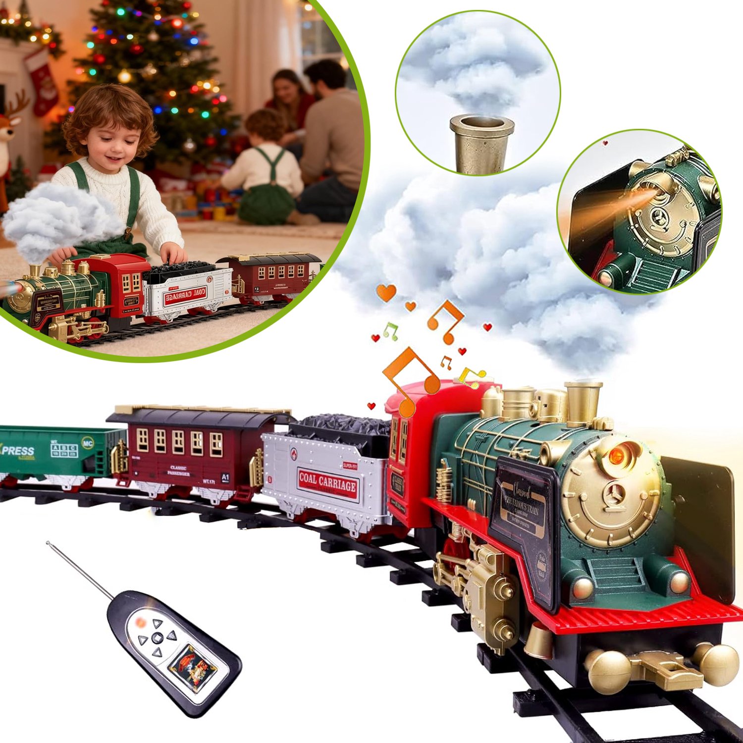 Kersttreinset Voor Kinderen - Radiografisch Bestuurbare Treinset - Elektrische Speelgoedstoomtrein Met Rook - Modeltrein Met Rails