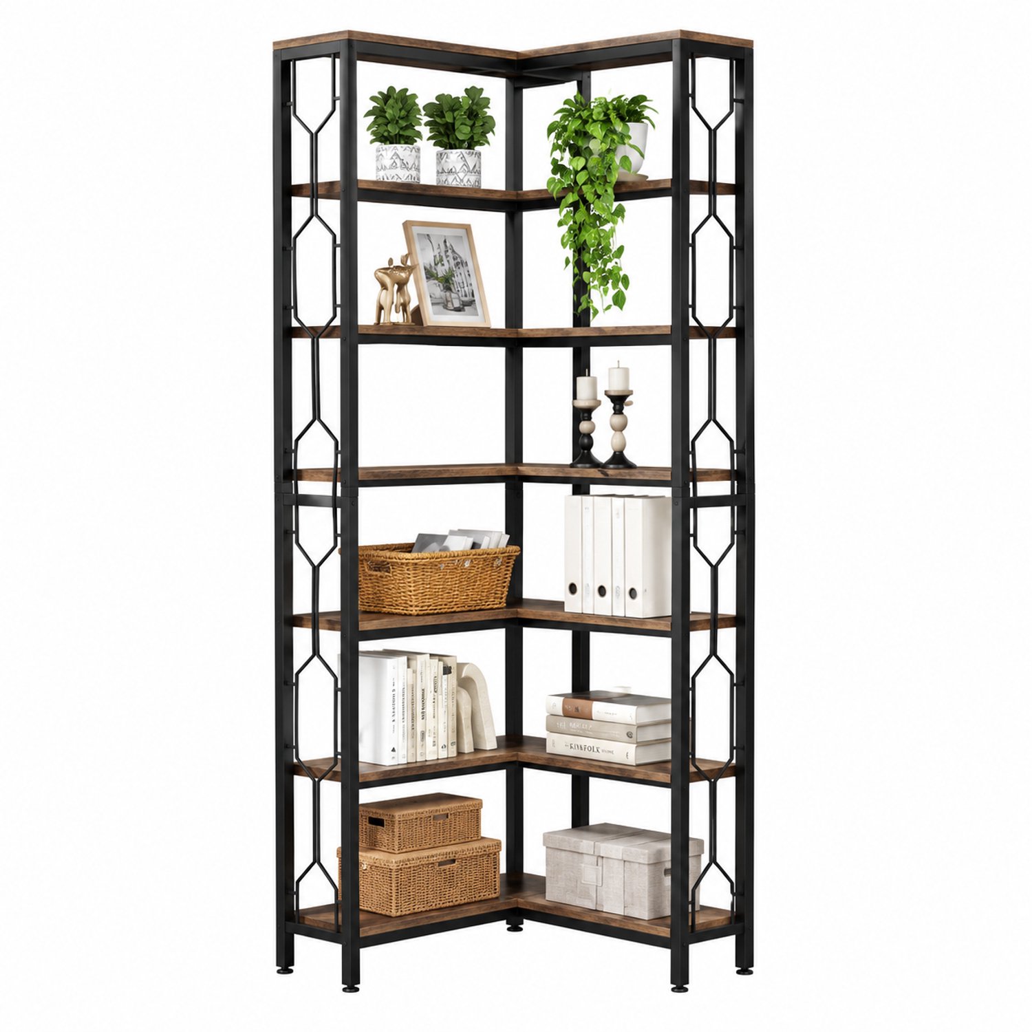 Jolien Vakken kast - Boekenkast - Hoekkast - Open kast - Open kast met planken - niveaus 7 - D 60 - B 60 - H 200 - ruimtebesparend bruin/zwart