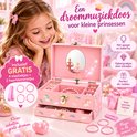 Roze muziekdoos met eenhoorns, ballerina, spiegel en gratis haaraccessoires voor kleine prinsessen.