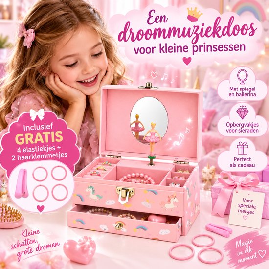 Roze muziekdoos met eenhoorns, ballerina, spiegel en gratis haaraccessoires voor kleine prinsessen.