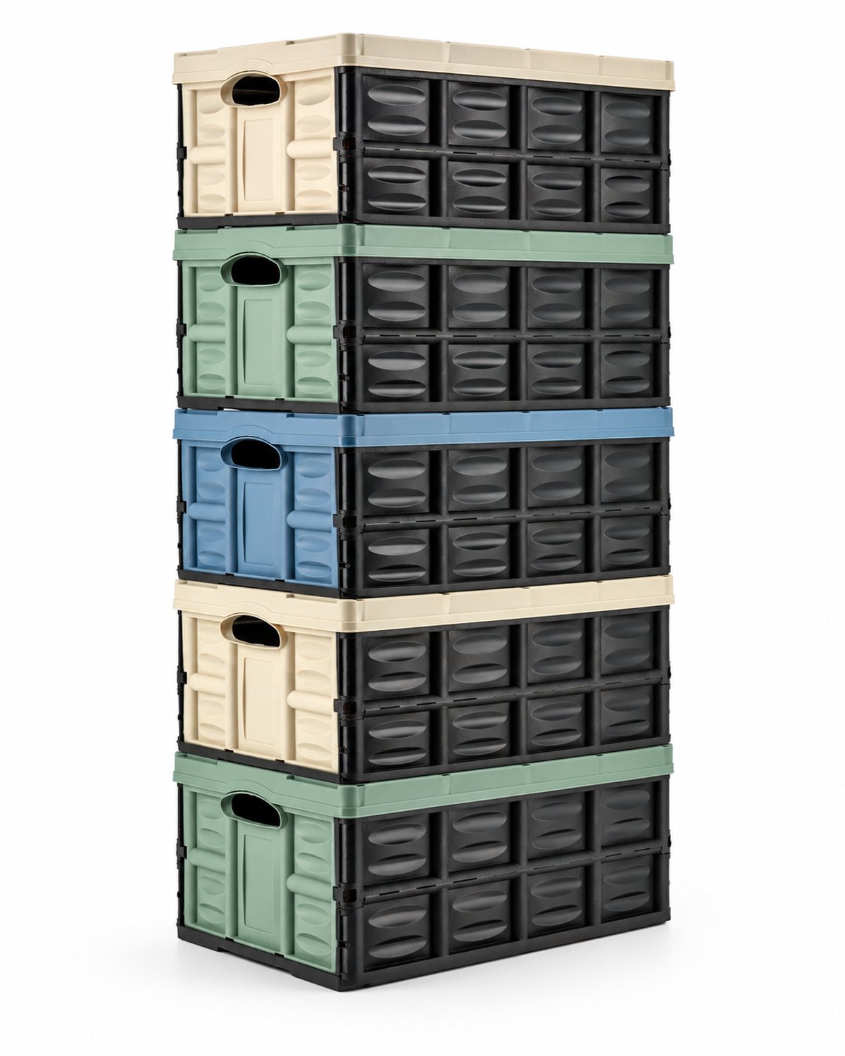 Vouwkrat 6 Stuks Assorti – 45 Liter – Boodschappenkrat Opvouwbaar – Opvouwbare Krat – Inklapbare Opbergkrat – Kunststof Stapelbare Kratten – Blauw/Groen/Crème