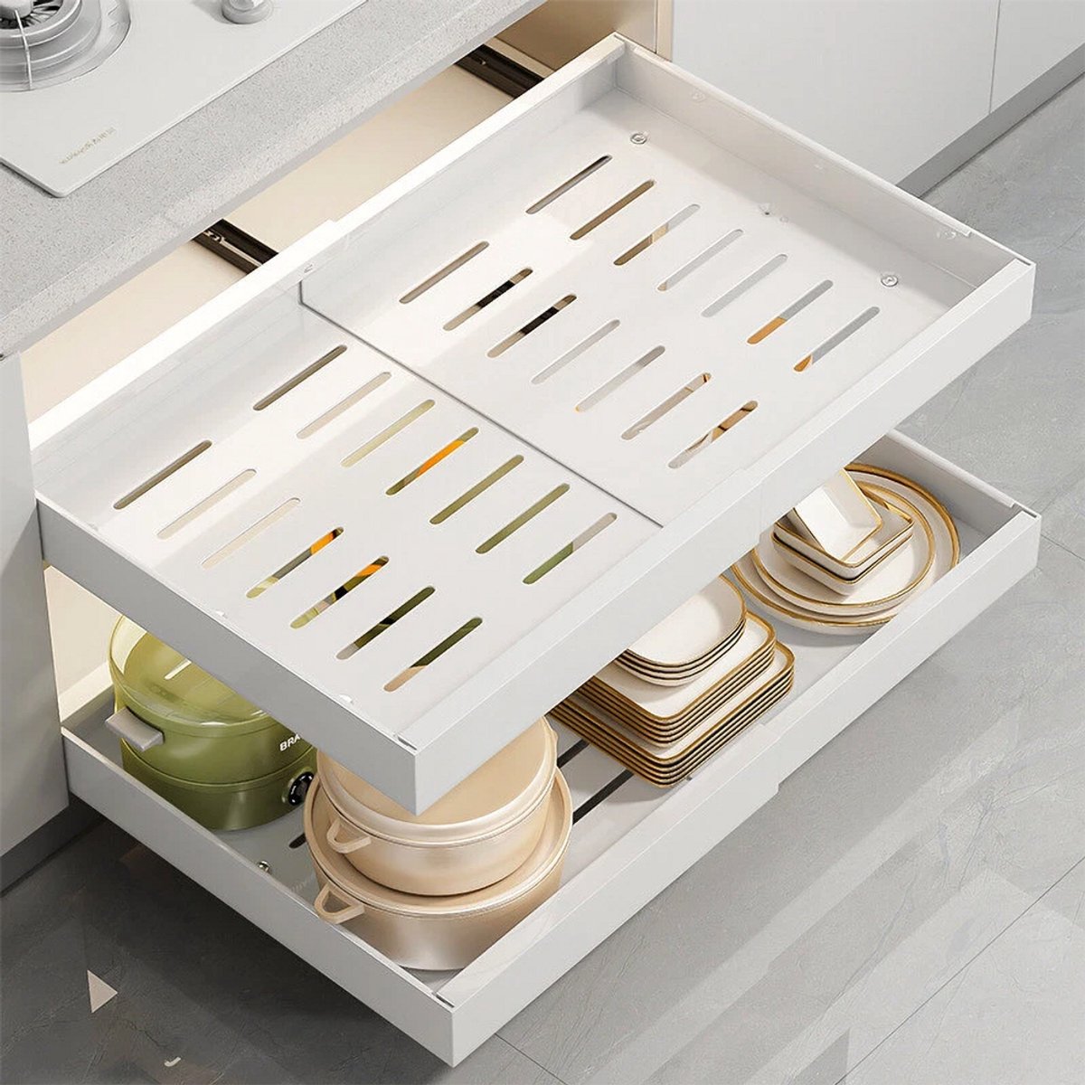 Keukenlade - 2 stuks - Opbergrek voor in de kast - Uittrekbare plank - Uitschuifbare opberglade - Lade voor onder de gootsteen - Essentieel keukenopbergrek - Lade-organizer - Verstelbaar 31-52 cm - Geen boren nodig - Wit