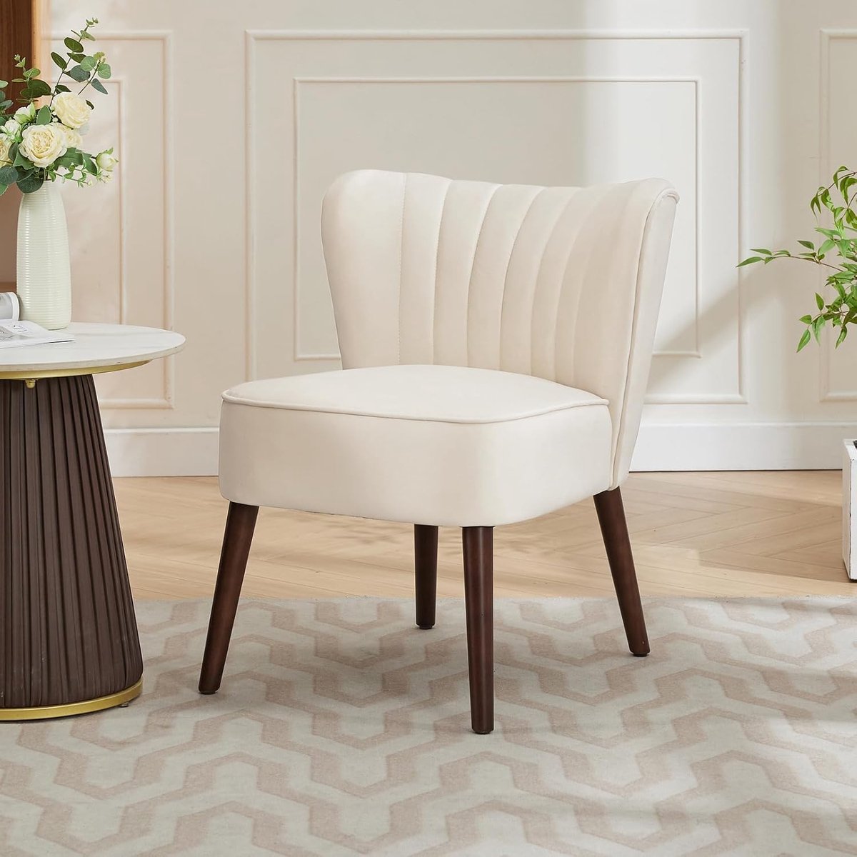 Fauteuil Zonder Armleuningen - 55x68.5x74cm - Lounge Chair - Accentstoel Mid Century - Fluwelen Bekleding Zacht - Voor Woonkamer Eetkamer Kantoor - Beige