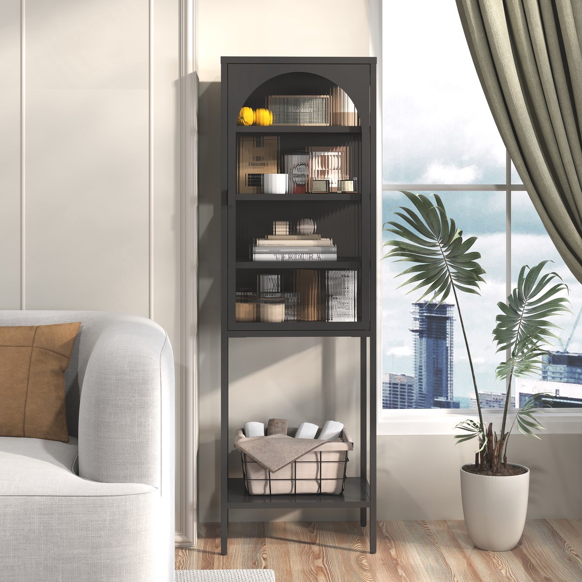 Sogiol® Metalen Vitrinekast met Glazen Deuren - 5-Laags Opbergkast met 3 Verstelbare Planken - Voor Woonkamer & Kantoor - 160x50x35 cm