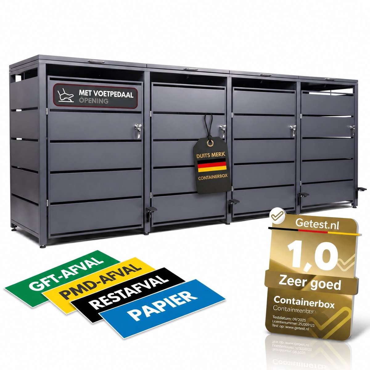 Afvalcontainerbox voor 4 containers met pedaal, 120 l tot 240 l, voor vier containers, metalen bekleding van verzinkt staal, antracietgrijs RAL 7016, afsluitbaar, weerbestendig, ISO 9227, inclusief set stickers